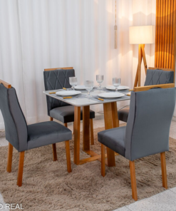 Mesa de Jantar Pedro 90×90 Vidro Off/Base Madeira + 4 Cad. Lisboa Veludo Cinza 507 Madeira Art Assento - Entregue Montada - Imagem 3