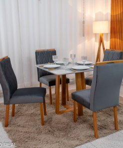 Mesa de Jantar Pedro 90×90 Vidro Off/Base Madeira + 4 Cad. Lisboa Veludo Cinza 507 Madeira Art Assento - Entregue Montada