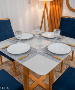 Alternative view of Mesa de Jantar Pedro 90x90 Vidro Off/Base Madeira + 4 Cad. Lisboa Veludo Azul 503 Madeira Art Assento - Entregue Montada