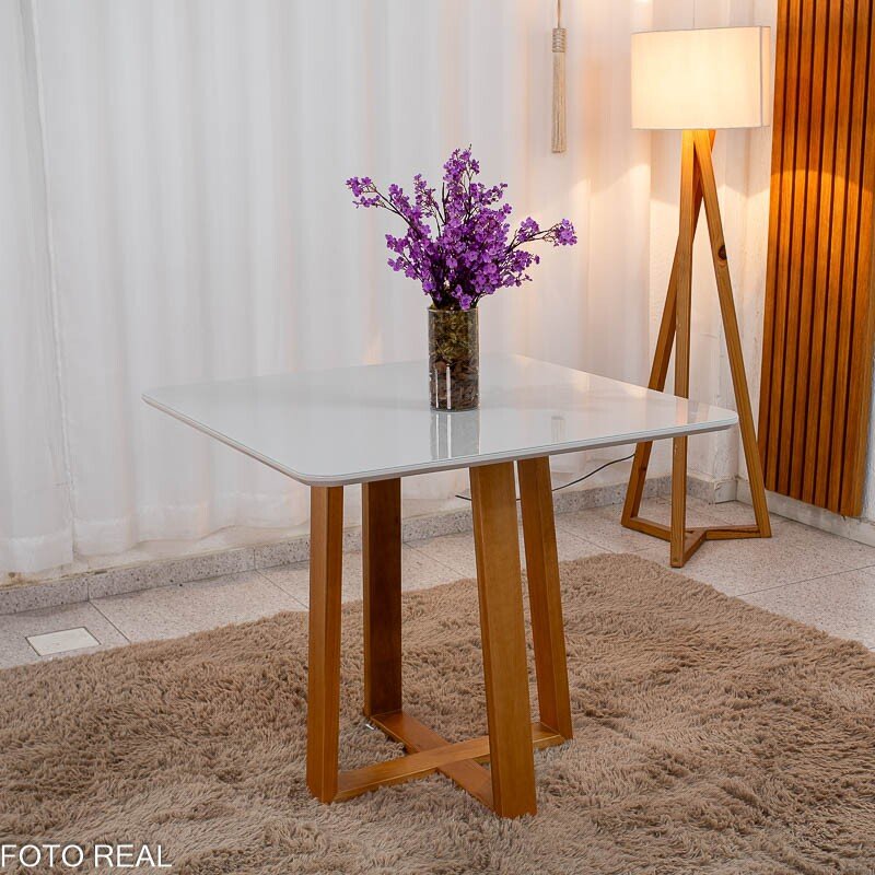 Mesa de Jantar Pedro 90x90 Vidro Off/Base Madeira Art Assento - Entregue Montada - Imagem 3