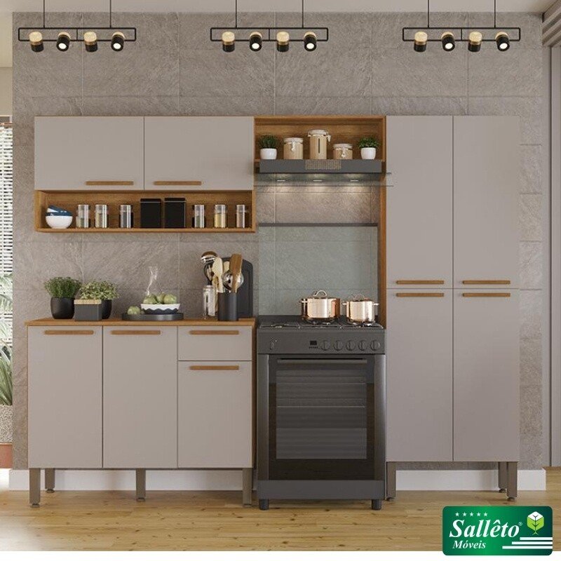 Cozinha Completa Madri Balcão + Paneleiro e Aéreo Cinamomo/Off - Sallêto - Imagem 3
