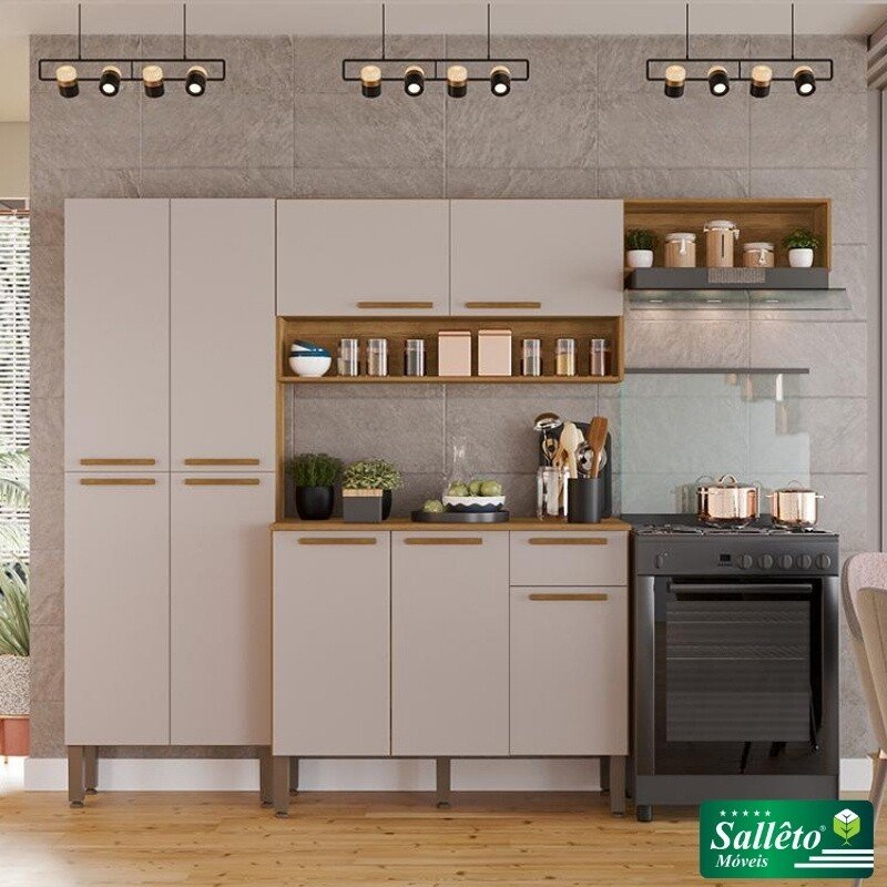 Cozinha Completa Madri Balcão + Paneleiro e Aéreo Cinamomo/Off - Sallêto
