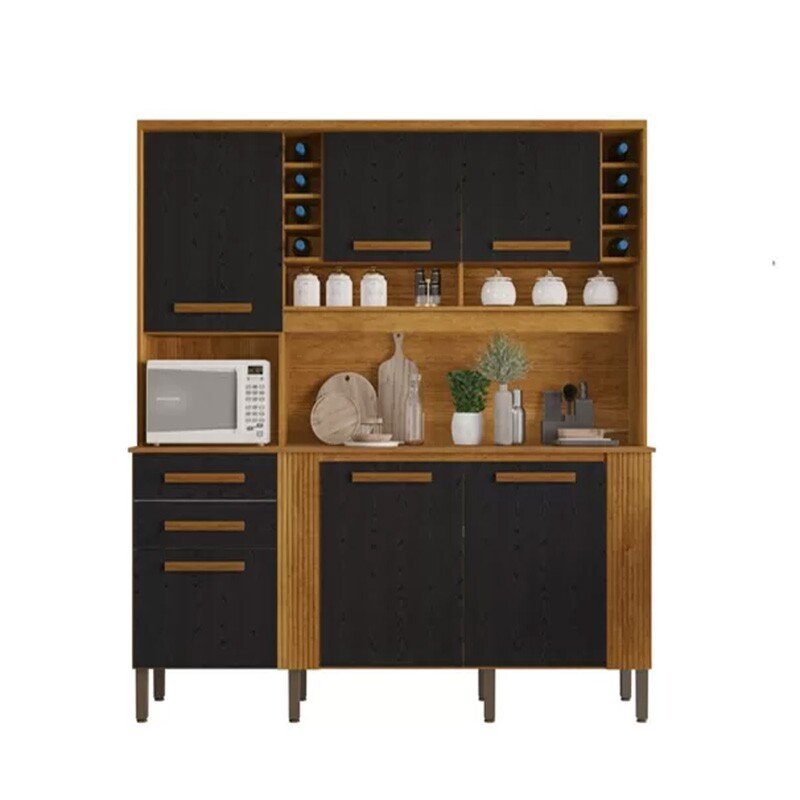 Armário Cozinha Catar Larg. 2.00m Cinamomo/Preto 6 Portas 2 Gavetas - Sallêto - Imagem 3