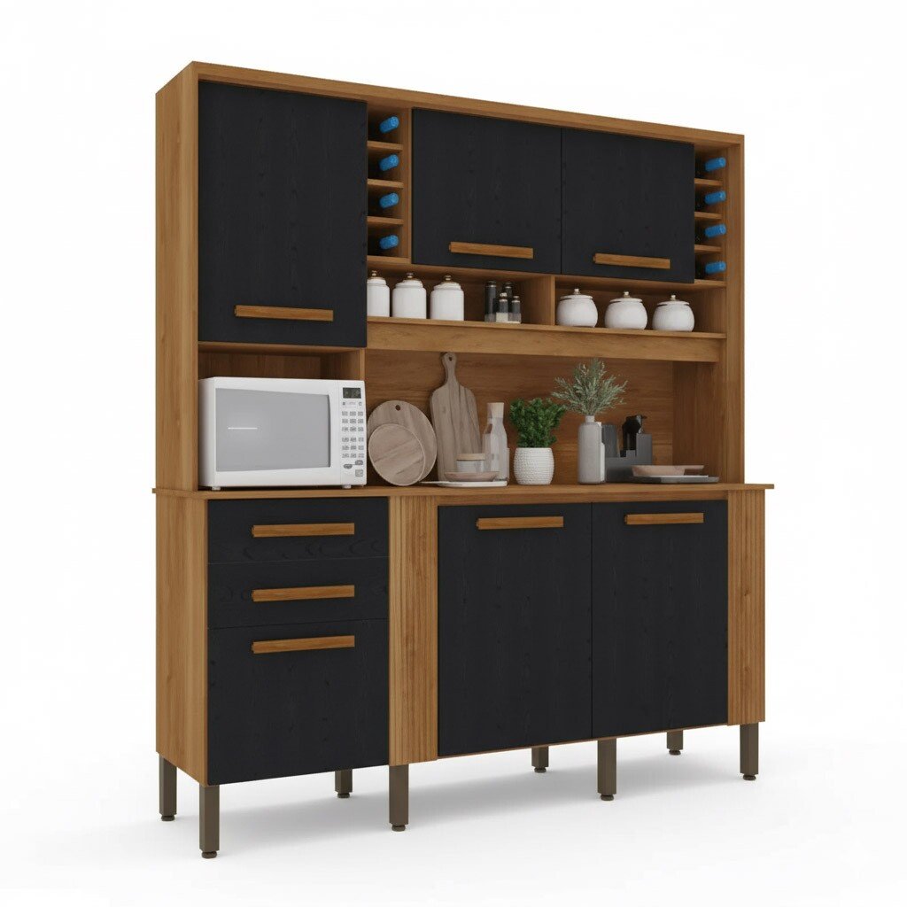 Armário Cozinha Catar Larg. 2.00m Cinamomo/Preto 6 Portas 2 Gavetas - Sallêto