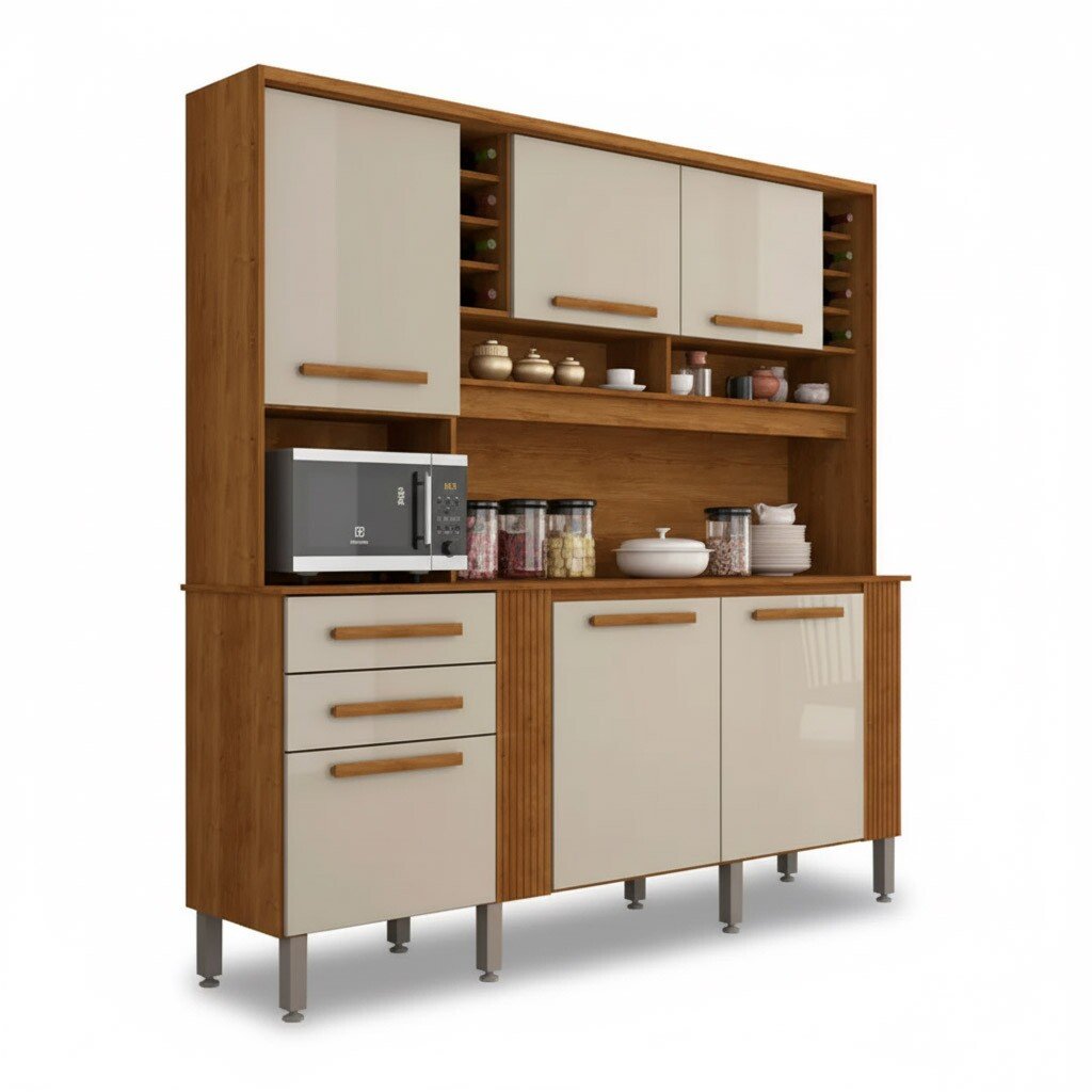 Armário Cozinha Catar Larg. 2.00m Cinamomo/Off 6 Portas 2 Gavetas - Sallêto