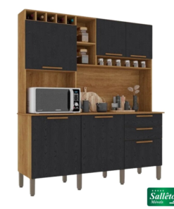 Armário Cozinha New Topázio Cinamomo/Preto 6 Portas 2 Gavetas Larg. 1.65m - Sallêto