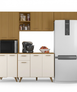 Armário Cozinha Olinda Freijó/Off Paneleiro + Aéreo 1.05m + Balcão e Aéreo de Geladeira Ripado 3D Larg. 2.33m - Poliman