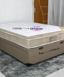 Box Baú Casal Eli Korino Bege Blindado + Colchão Casal Airtech Springpocket 138x188x67 - Ortobom | Suporta até 260kg