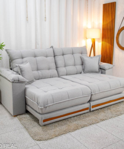 Sofá Retrátil Reclinável Barcelona 2.30m Linho Cinza 461 C/ 2 Almofadas - D33 e Molas Ensacadas Pocket