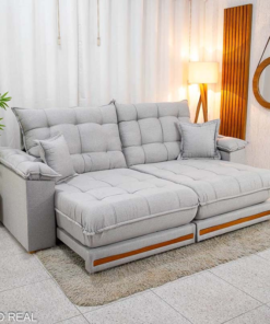 Sofá Retrátil Reclinável Barcelona 2.50m Linho Cinza 461 C/ 2 Almofadas - D33 e Molas Ensacadas Pocket