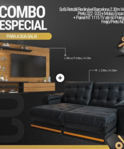Sofá Retrátil Reclinável Barcelona Veludo Preto 322 Larg. 2.30m - D33 e Molas Ensacadas + Painel NT 1115 TV Freijó/Preto TV até 60 polegadas - Notável