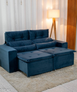 Sofá Retrátil Reclinável Bia 1.95m Veludo Azul