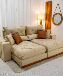 Sofá Retrátil Reclinável Gran Bello 2.50m Veludo Bege Escuro - Molas Ensacadas Pocket