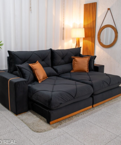 Sofá Retrátil Reclinável Gran Bello 2.50m Veludo Preto 21 - Molas Ensacadas Pocket