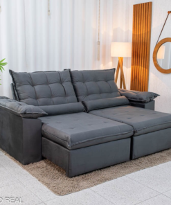 Sofá Retrátil Reclinável Emanuelly 2.30m Veludo Cinza 20