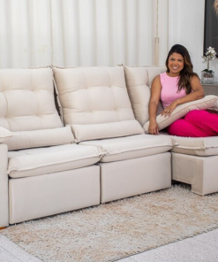 Sofá Retrátil Reclinável Madri 2.70m Veludo Bege 01 - D28 Soft