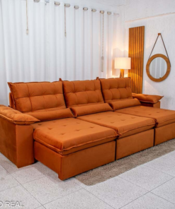 Sofá Retrátil Reclinável Emanuelly 3.20m Veludo Terracota 24