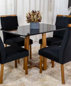 Sofá Retrátil Ibis 2.50m Veludo Preto 820 + Mesa Pedro Mel Tampo Vidro Preto 120×80 4 Cad. Lisboa Veludo Preto 504 - Imagem 3