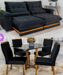 Sofá Retrátil Ibis 2.50m Veludo Preto 820 + Mesa Pedro Mel Tampo Vidro Preto 120×80 4 Cad. Lisboa Veludo Preto 504