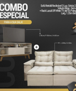 Sofá Retrátil Reclinável Grécia Veludo Bege Larg. 2.00m + Rack Lazuli Off TV até 55 Polegadas Larg. 1.35m - Bechara