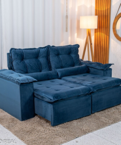 Sofá Retrátil Reclinável Grécia 2.00m Veludo Azul - Sem caixa