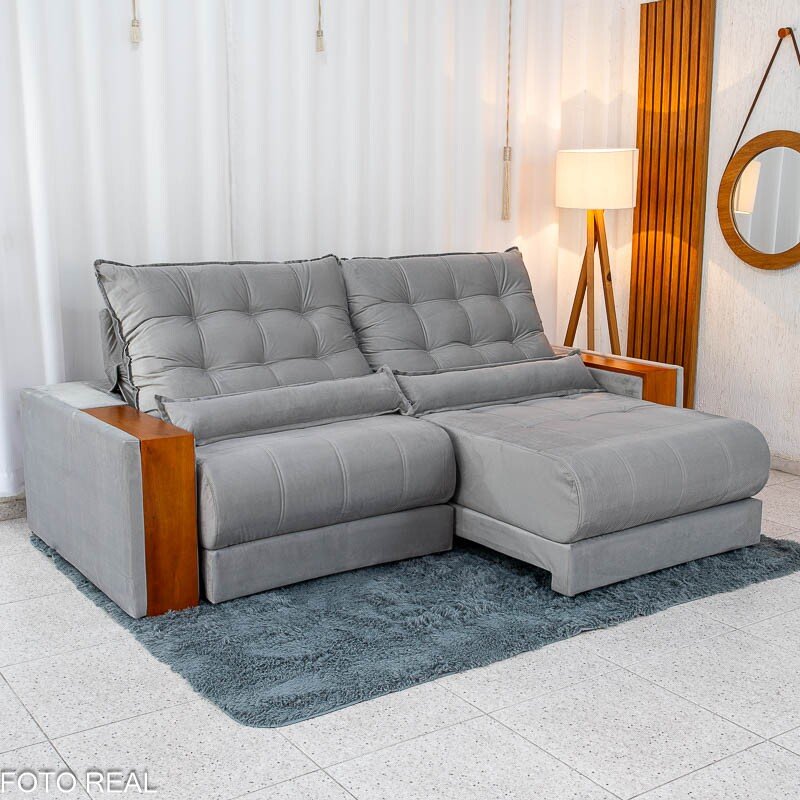 Sofá Retrátil Reclinável Gênova 2.30m Veludo Prata 823 Molas Ensacadas - Oferta - Imagem 3