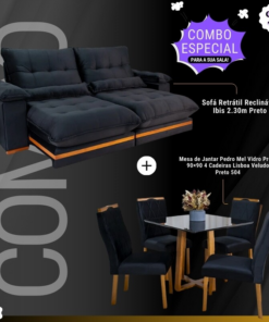 Combo - Sofá Retrátil Ibis 2.30m Veludo Preto 820 + Mesa Pedro Mel Tampo Vidro Preto 90×90 4 Cad. Lisboa Veludo Preto 504
