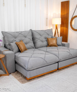 Sofá Retrátil Reclinável Malibu 2.50m Linho Cinza 1008 - D33 e Molas Ensacadas