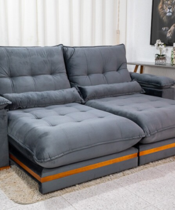Sofá Retrátil Reclinável Ibis 2.30m Veludo Cinza 814 - D33 e Molas Ensacadas
