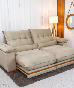 Sofá Retrátil Reclinável Ibis 2.50m Veludo Bege 818 - D33 e Molas Ensacadas
