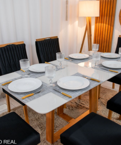 Mesa de Jantar Pedro 160×80 Mel Vidro Off + 6 Cad. Genova Veludo Preto 504 Madeira Art Assento - Entregue Montada - Imagem 2