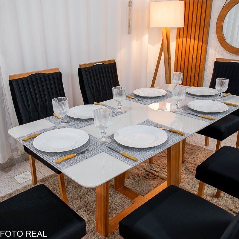 Mesa de Jantar Pedro 160×80 Mel Vidro Off + 6 Cad. Genova Veludo Preto 504 Madeira Art Assento - Entregue Montada - Imagem 2