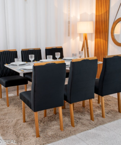 Mesa de Jantar Pedro 160×80 Mel Vidro Off + 6 Cad. Genova Veludo Preto 504 Madeira Art Assento - Entregue Montada - Imagem 3