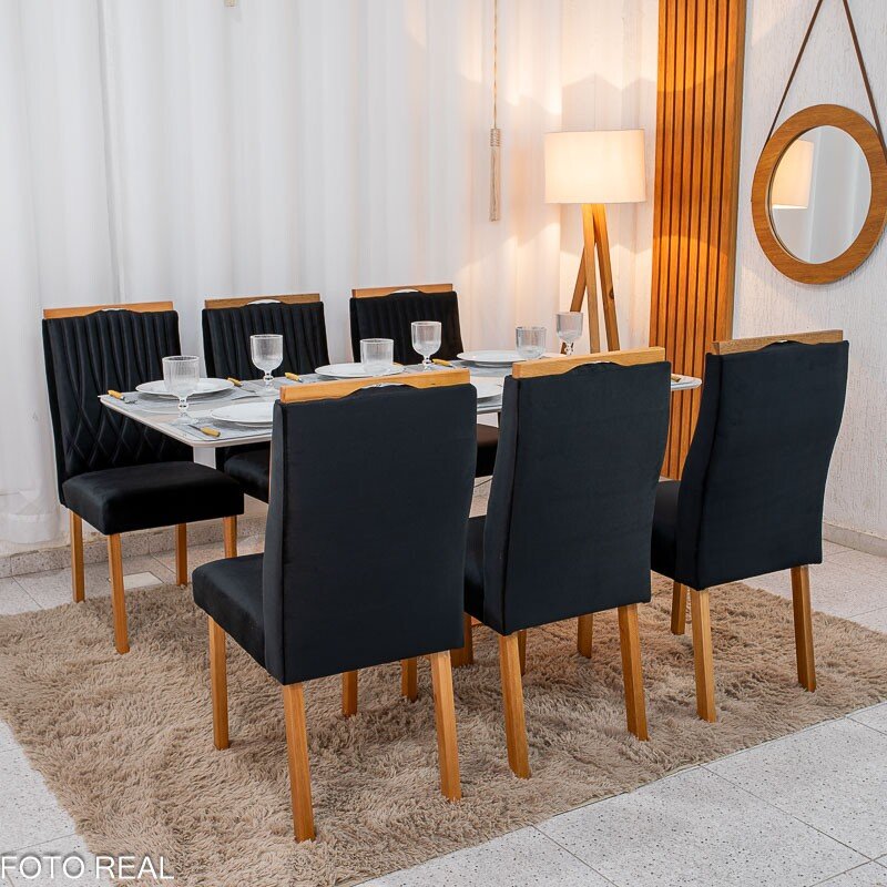 Mesa de Jantar Pedro 160×80 Mel Vidro Off + 6 Cad. Genova Veludo Preto 504 Madeira Art Assento - Entregue Montada - Imagem 3