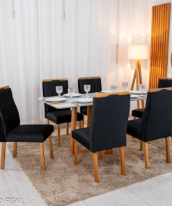 Mesa de Jantar Pedro 160×80 Mel Vidro Off + 6 Cad. Genova Veludo Preto 504 Madeira Art Assento - Entregue Montada