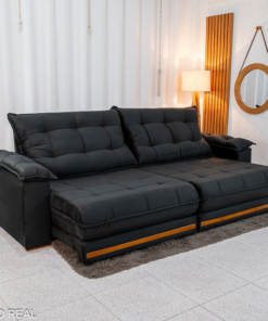 Sofá Retrátil Reclinável Barcelona 2.90m Veludo Preto 322 - D33 e Molas Ensacadas