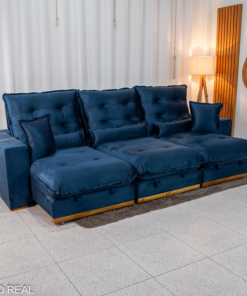 Sofá Retrátil Reclinável Mônaco 3.20m Veludo Azul A16 - Molas Ensacadas