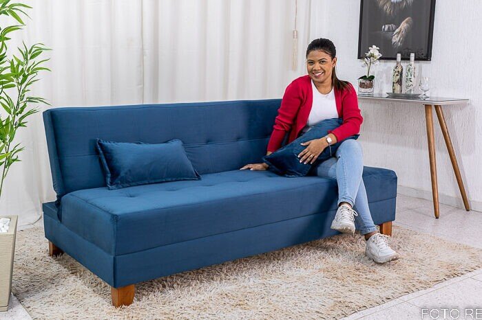 Sofá 4 lugares e Sofá Cama Casal Arpoador Veludo Azul 3040/07