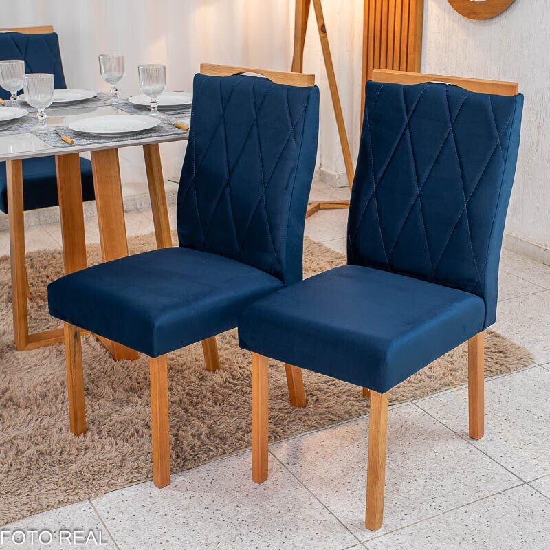 Caixa 2 Cadeiras Lisboa Veludo Azul 503 Madeira Art Assento - Entregue Montada