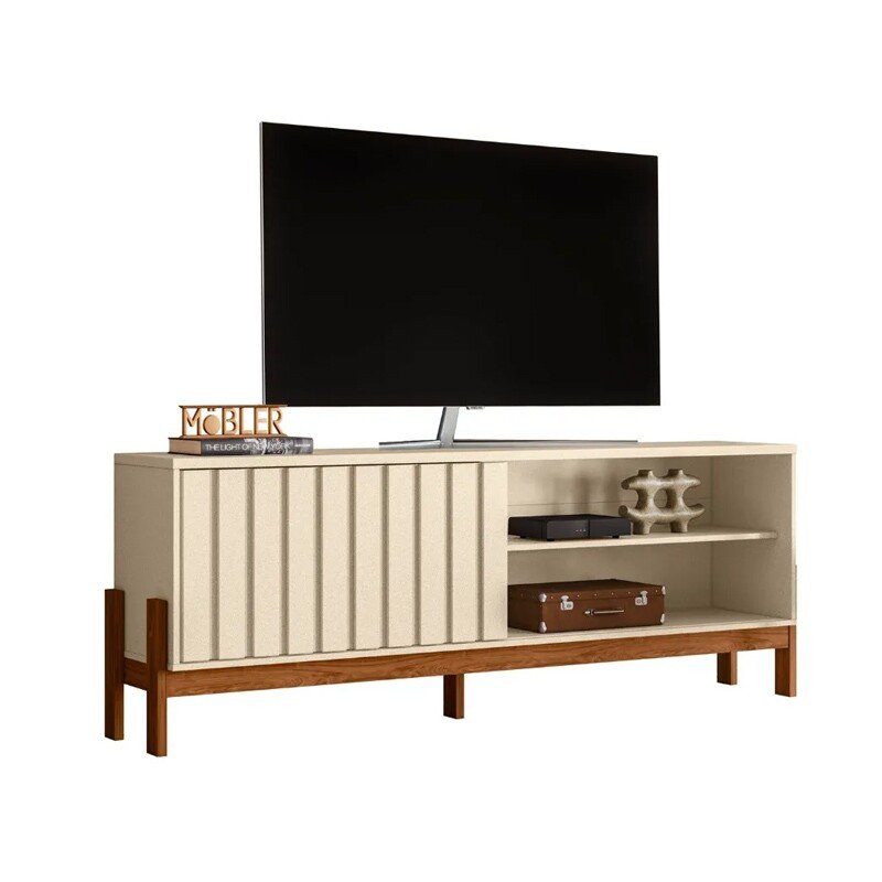 Rack Bancada New Aurora Larg. 1.88m Pérola Metalizada/Cinamomo Mel para TV até 75" - Mobler - Imagem 3