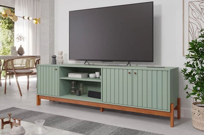 Painel Maragogi Ripado 100% MDF Larg. 2.30m Cinamomo + Rack Bancada Holanda Ripado 100% MDF larg. 2.05m Sálvia/Cinamomo Permobili - Imagem 2