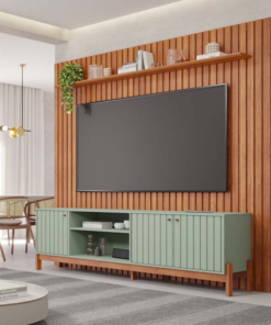 Painel Maragogi Ripado 100% MDF Larg. 2.30m Cinamomo + Rack Bancada Holanda Ripado 100% MDF larg. 2.05m Sálvia/Cinamomo Permobili