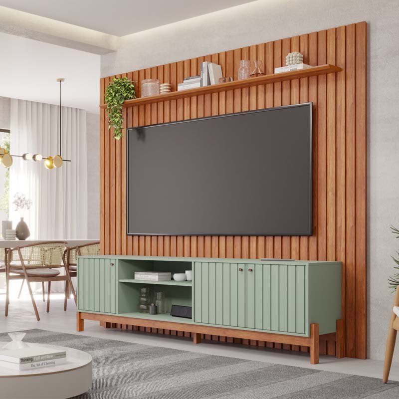 Painel Maragogi Ripado 100% MDF Larg. 2.30m Cinamomo + Rack Bancada Holanda Ripado 100% MDF larg. 2.05m Sálvia/Cinamomo Permobili