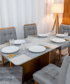 Alternative view of Mesa de Jantar Moscou 160x80 Vidro Off/Base Cinamomo + 6 Cad. Londres Linho Cinza Madeira Minas Plac - Entregue Montada