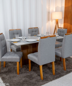 Mesa de Jantar Moscou 160x80 Vidro Off/Base Cinamomo + 6 Cad. Londres Linho Cinza Madeira Minas Plac - Entregue Montada